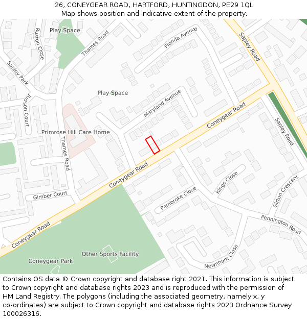 26, CONEYGEAR ROAD, HARTFORD, HUNTINGDON, PE29 1QL: Location map and indicative extent of plot