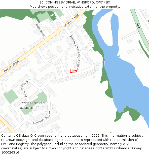26, CONINGSBY DRIVE, WINSFORD, CW7 4BX: Location map and indicative extent of plot