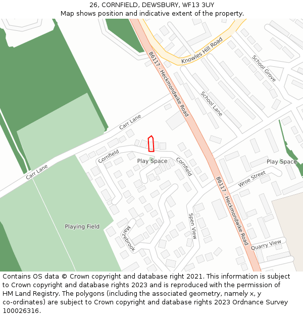 26, CORNFIELD, DEWSBURY, WF13 3UY: Location map and indicative extent of plot