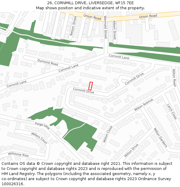 26, CORNMILL DRIVE, LIVERSEDGE, WF15 7EE: Location map and indicative extent of plot