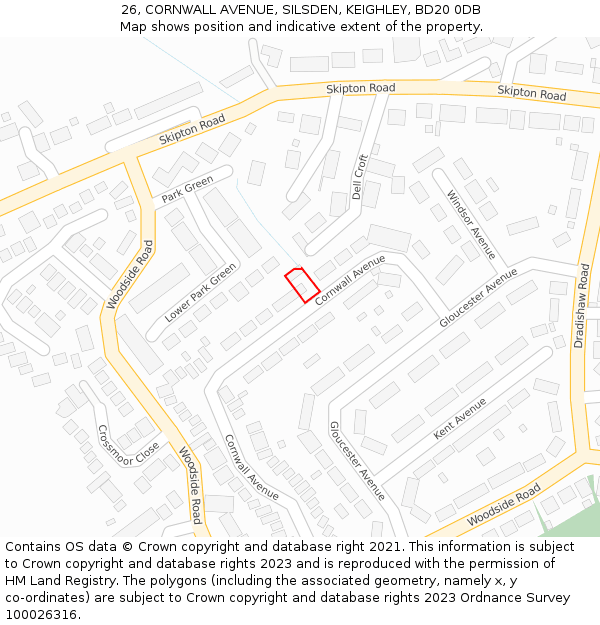 26, CORNWALL AVENUE, SILSDEN, KEIGHLEY, BD20 0DB: Location map and indicative extent of plot