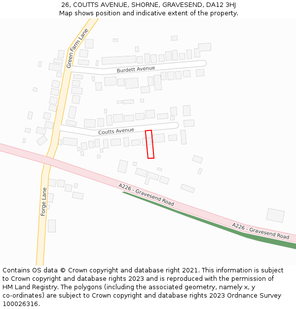 26, COUTTS AVENUE, SHORNE, GRAVESEND, DA12 3HJ: Location map and indicative extent of plot