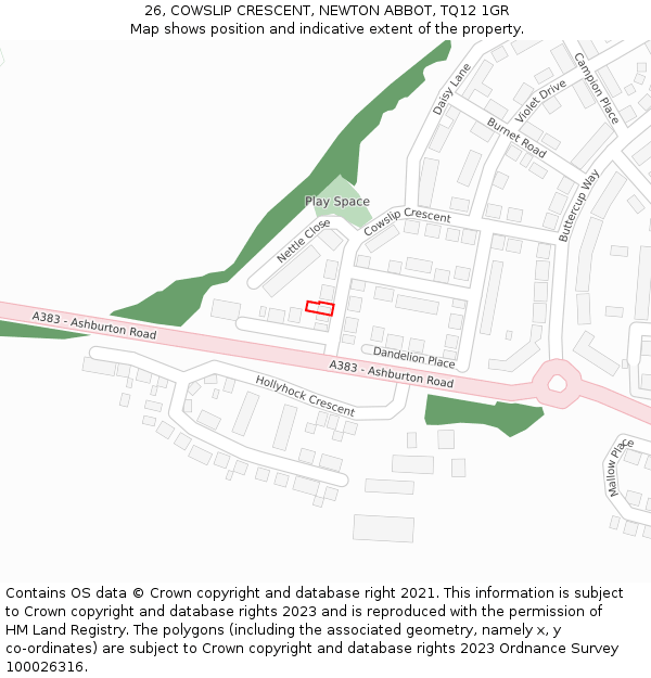 26, COWSLIP CRESCENT, NEWTON ABBOT, TQ12 1GR: Location map and indicative extent of plot