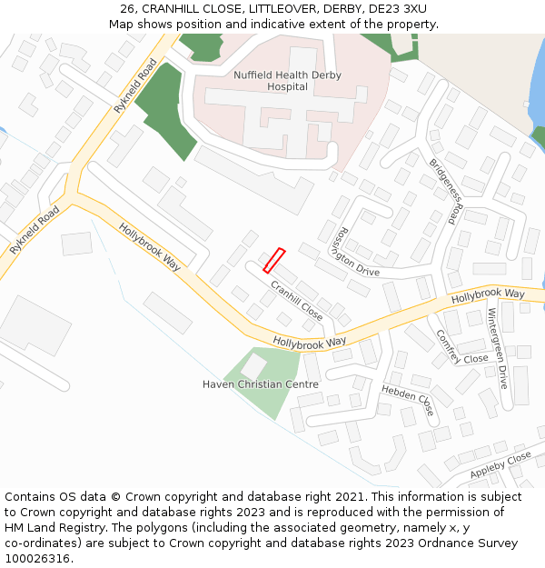 26, CRANHILL CLOSE, LITTLEOVER, DERBY, DE23 3XU: Location map and indicative extent of plot