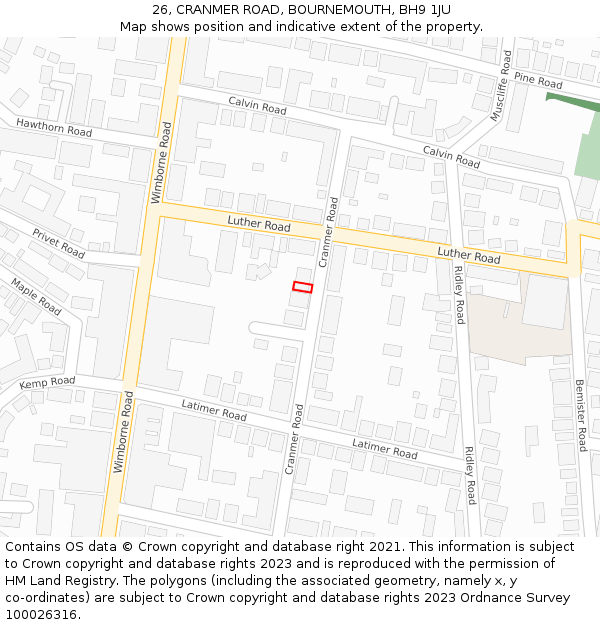 26, CRANMER ROAD, BOURNEMOUTH, BH9 1JU: Location map and indicative extent of plot