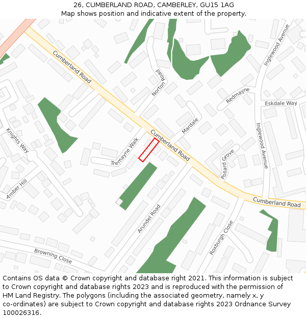 26, CUMBERLAND ROAD, CAMBERLEY, GU15 1AG: Location map and indicative extent of plot