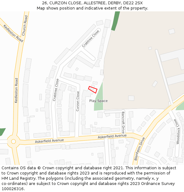 26, CURZON CLOSE, ALLESTREE, DERBY, DE22 2SX: Location map and indicative extent of plot