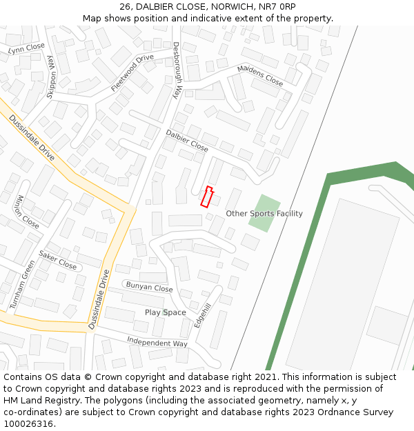 26, DALBIER CLOSE, NORWICH, NR7 0RP: Location map and indicative extent of plot