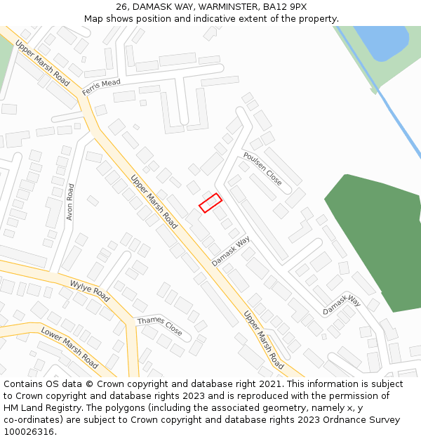 26, DAMASK WAY, WARMINSTER, BA12 9PX: Location map and indicative extent of plot