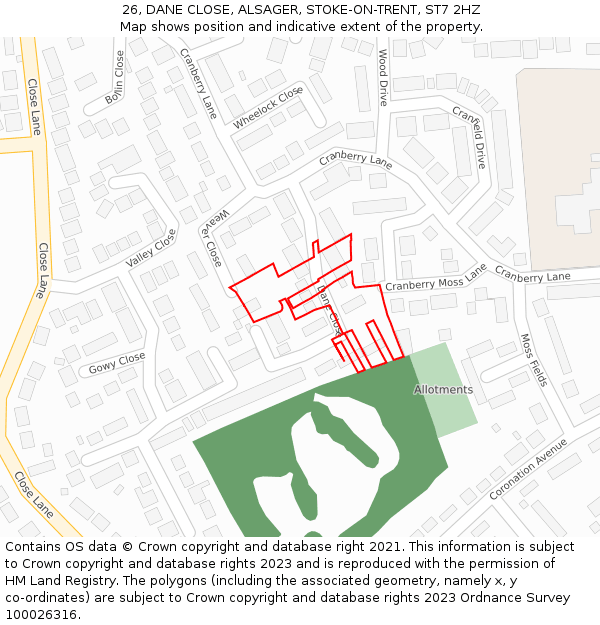 26, DANE CLOSE, ALSAGER, STOKE-ON-TRENT, ST7 2HZ: Location map and indicative extent of plot