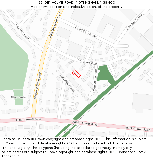 26, DENHOLME ROAD, NOTTINGHAM, NG8 4GQ: Location map and indicative extent of plot