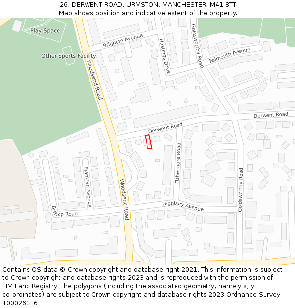26, DERWENT ROAD, URMSTON, MANCHESTER, M41 8TT: Location map and indicative extent of plot