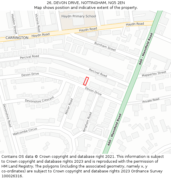 26, DEVON DRIVE, NOTTINGHAM, NG5 2EN: Location map and indicative extent of plot