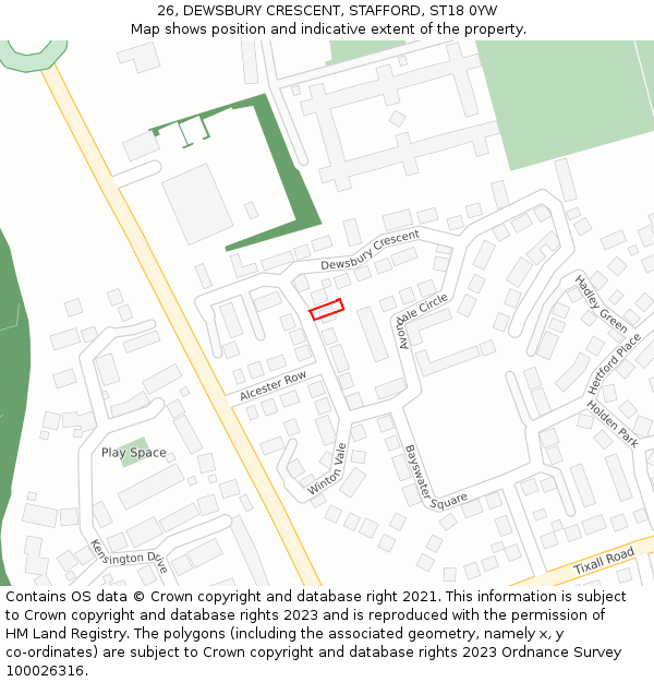 26, DEWSBURY CRESCENT, STAFFORD, ST18 0YW: Location map and indicative extent of plot