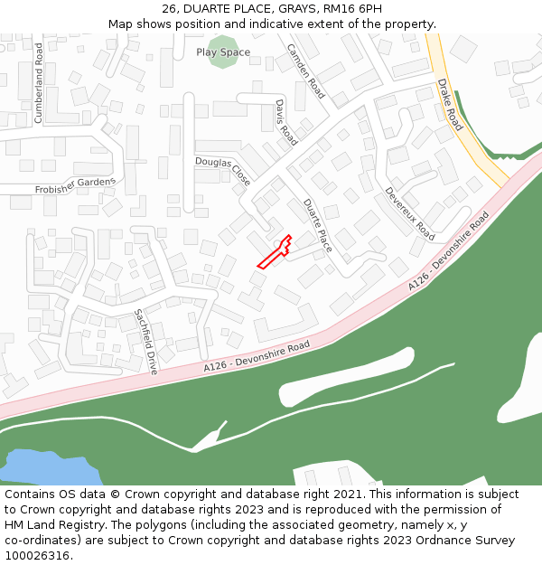 26, DUARTE PLACE, GRAYS, RM16 6PH: Location map and indicative extent of plot