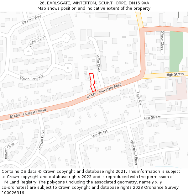 26, EARLSGATE, WINTERTON, SCUNTHORPE, DN15 9XA: Location map and indicative extent of plot