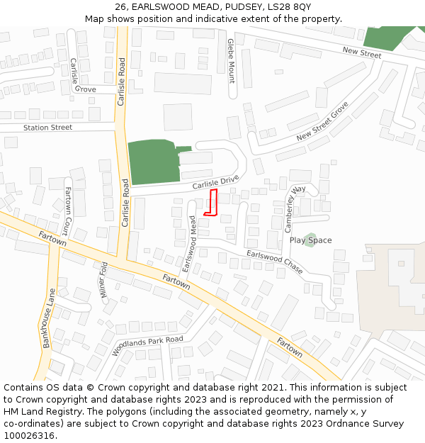 26, EARLSWOOD MEAD, PUDSEY, LS28 8QY: Location map and indicative extent of plot