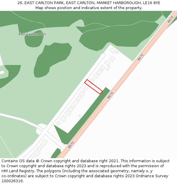 26, EAST CARLTON PARK, EAST CARLTON, MARKET HARBOROUGH, LE16 8YE: Location map and indicative extent of plot