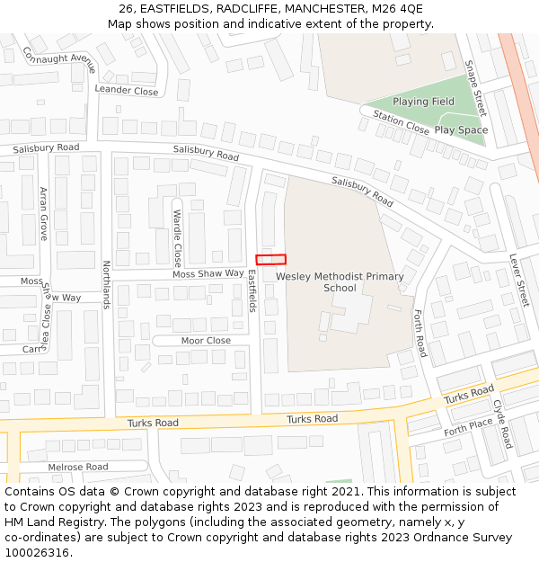 26, EASTFIELDS, RADCLIFFE, MANCHESTER, M26 4QE: Location map and indicative extent of plot