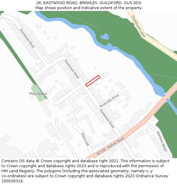 26, EASTWOOD ROAD, BRAMLEY, GUILDFORD, GU5 0DS: Location map and indicative extent of plot