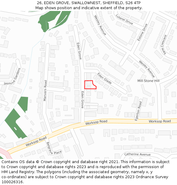 26, EDEN GROVE, SWALLOWNEST, SHEFFIELD, S26 4TP: Location map and indicative extent of plot