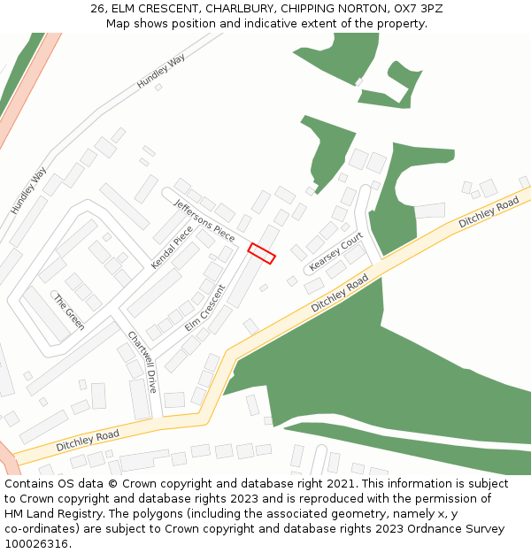26, ELM CRESCENT, CHARLBURY, CHIPPING NORTON, OX7 3PZ: Location map and indicative extent of plot