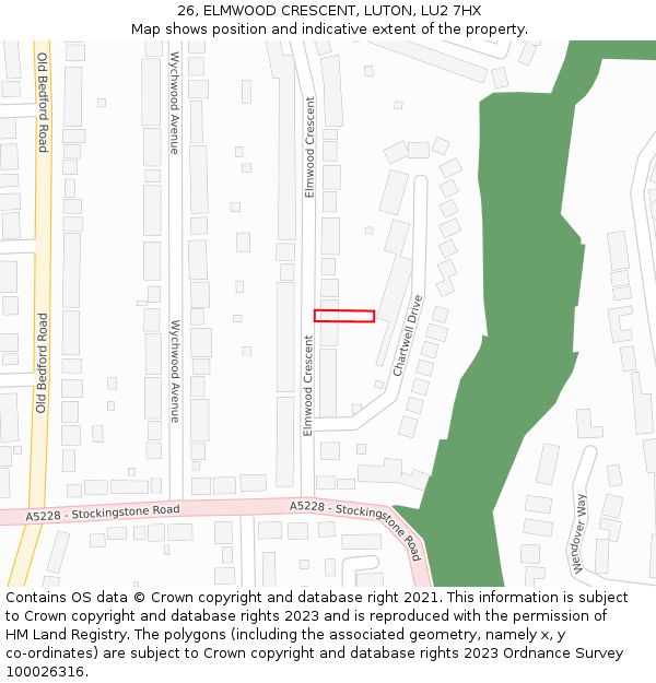 26, ELMWOOD CRESCENT, LUTON, LU2 7HX: Location map and indicative extent of plot
