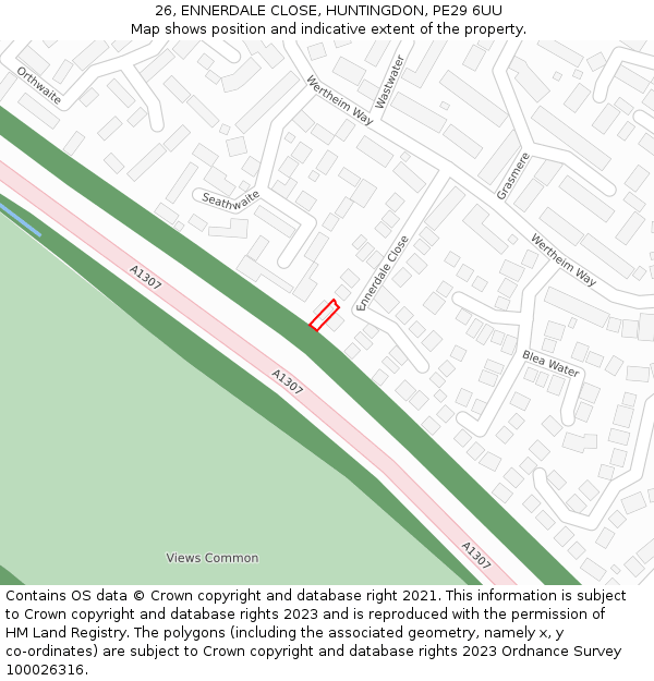 26, ENNERDALE CLOSE, HUNTINGDON, PE29 6UU: Location map and indicative extent of plot