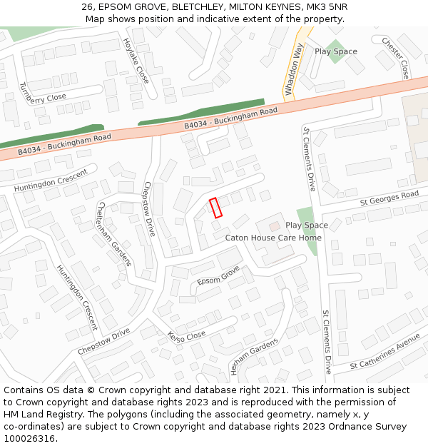 26, EPSOM GROVE, BLETCHLEY, MILTON KEYNES, MK3 5NR: Location map and indicative extent of plot