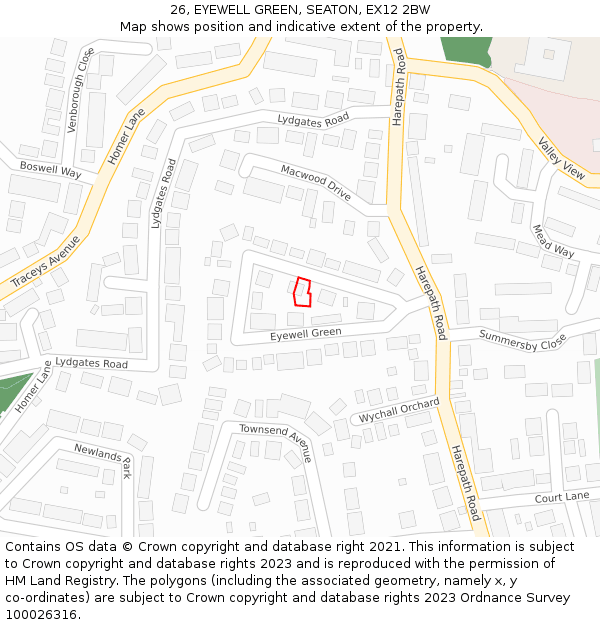 26, EYEWELL GREEN, SEATON, EX12 2BW: Location map and indicative extent of plot