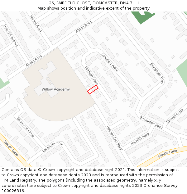26, FAIRFIELD CLOSE, DONCASTER, DN4 7HH: Location map and indicative extent of plot