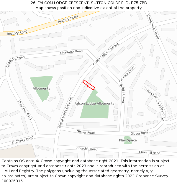 26, FALCON LODGE CRESCENT, SUTTON COLDFIELD, B75 7RD: Location map and indicative extent of plot