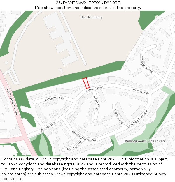 26, FARMER WAY, TIPTON, DY4 0BE: Location map and indicative extent of plot