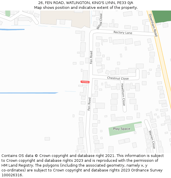 26, FEN ROAD, WATLINGTON, KING'S LYNN, PE33 0JA: Location map and indicative extent of plot