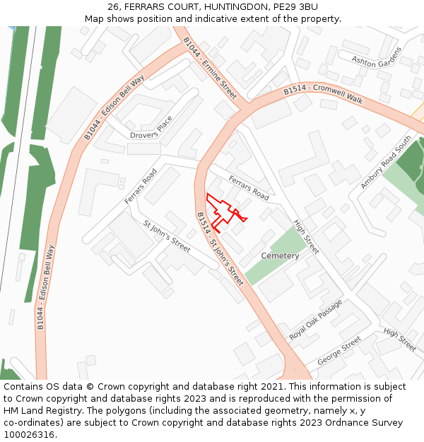 26, FERRARS COURT, HUNTINGDON, PE29 3BU: Location map and indicative extent of plot
