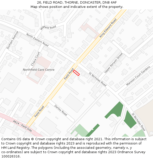 26, FIELD ROAD, THORNE, DONCASTER, DN8 4AF: Location map and indicative extent of plot