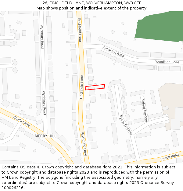 26, FINCHFIELD LANE, WOLVERHAMPTON, WV3 8EF: Location map and indicative extent of plot