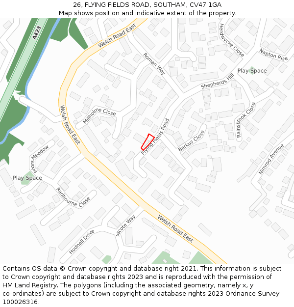 26, FLYING FIELDS ROAD, SOUTHAM, CV47 1GA: Location map and indicative extent of plot