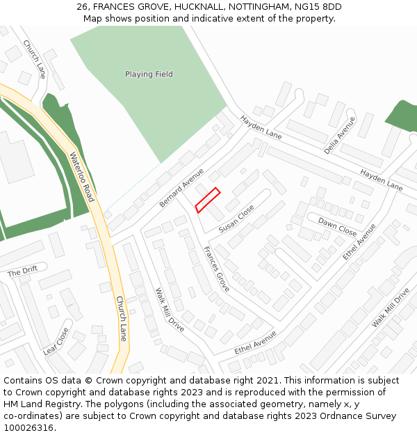 26, FRANCES GROVE, HUCKNALL, NOTTINGHAM, NG15 8DD: Location map and indicative extent of plot
