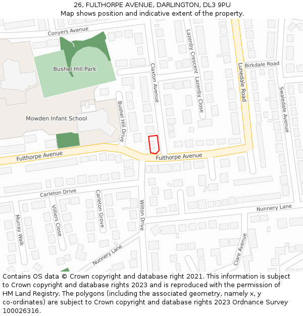 26, FULTHORPE AVENUE, DARLINGTON, DL3 9PU: Location map and indicative extent of plot