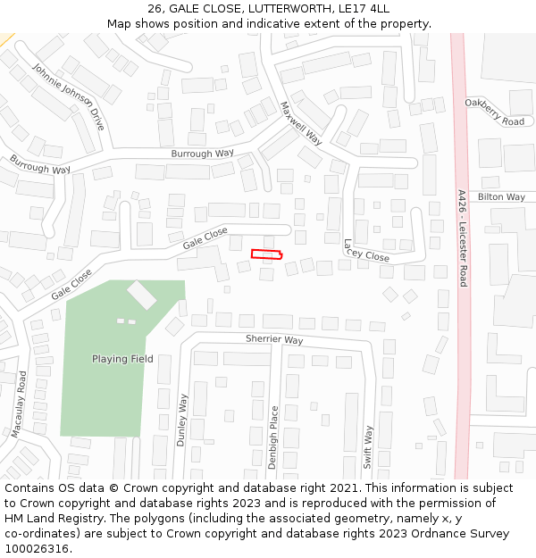 26, GALE CLOSE, LUTTERWORTH, LE17 4LL: Location map and indicative extent of plot