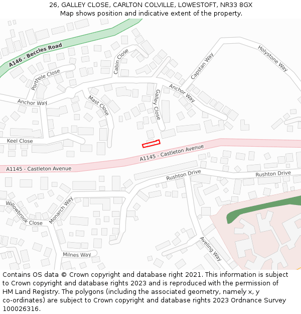 26, GALLEY CLOSE, CARLTON COLVILLE, LOWESTOFT, NR33 8GX: Location map and indicative extent of plot