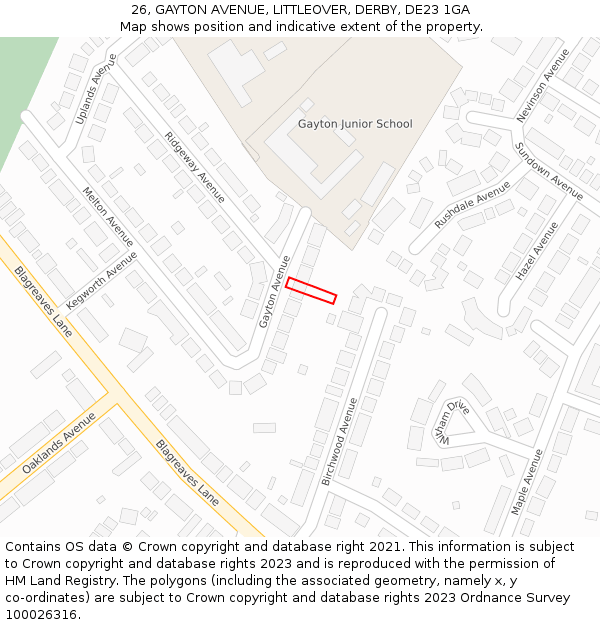 26, GAYTON AVENUE, LITTLEOVER, DERBY, DE23 1GA: Location map and indicative extent of plot