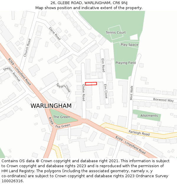 26, GLEBE ROAD, WARLINGHAM, CR6 9NJ: Location map and indicative extent of plot