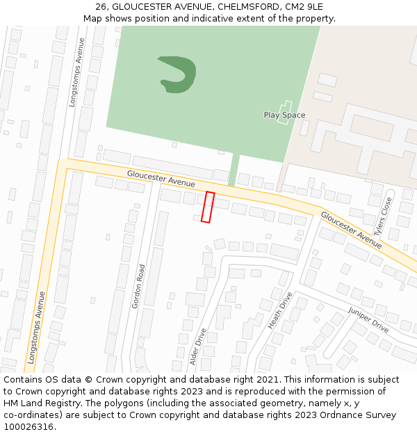26, GLOUCESTER AVENUE, CHELMSFORD, CM2 9LE: Location map and indicative extent of plot