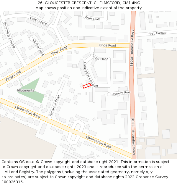26, GLOUCESTER CRESCENT, CHELMSFORD, CM1 4NG: Location map and indicative extent of plot