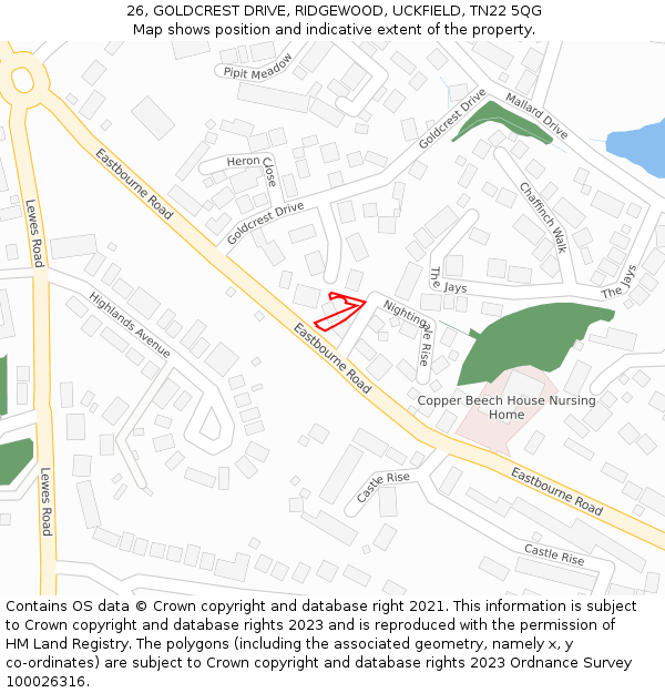 26, GOLDCREST DRIVE, RIDGEWOOD, UCKFIELD, TN22 5QG: Location map and indicative extent of plot