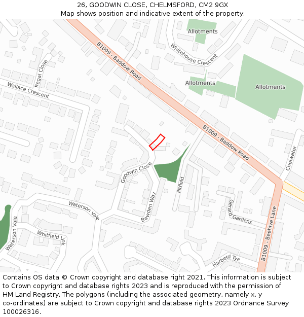 26, GOODWIN CLOSE, CHELMSFORD, CM2 9GX: Location map and indicative extent of plot