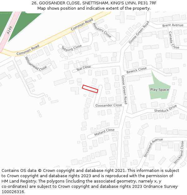 26, GOOSANDER CLOSE, SNETTISHAM, KING'S LYNN, PE31 7RF: Location map and indicative extent of plot