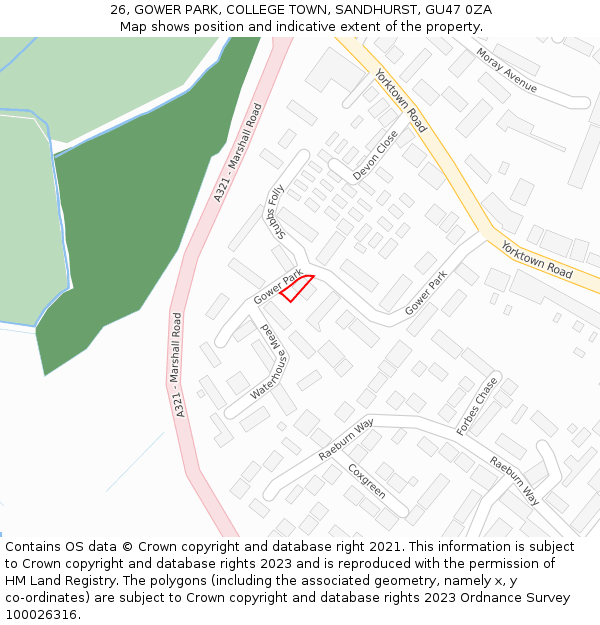 26, GOWER PARK, COLLEGE TOWN, SANDHURST, GU47 0ZA: Location map and indicative extent of plot